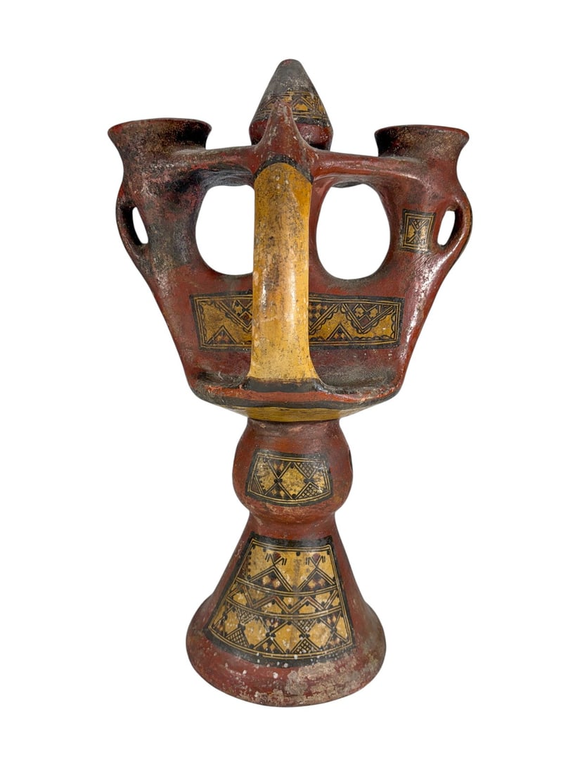 19th C. Algerian Kabyle Glazed Pottery Candlestick: Late 19th-century Kabyle glazed terracotta candlestick from Algeria, with a sculptural anthropomorphic form on a flared base. The upper section has three candle openings and is decorated with