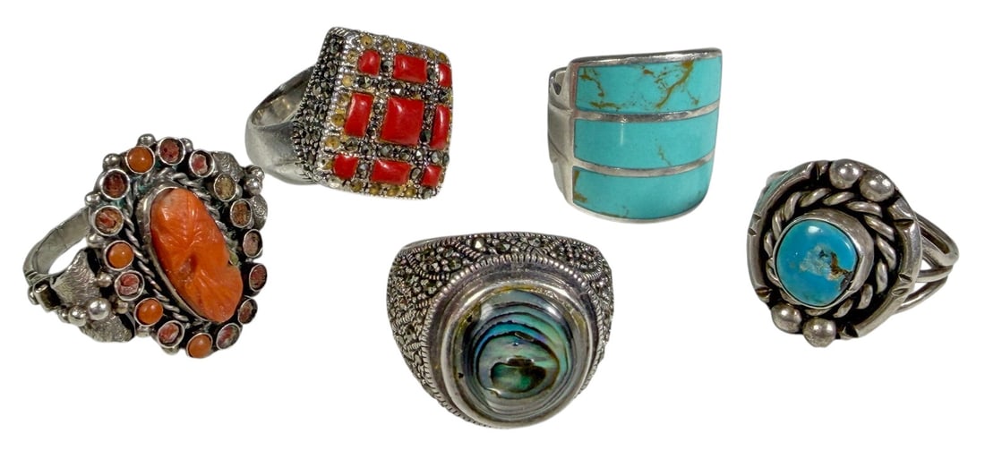 Sterling Silver Turquoise & Coral Rings 5pc LOT (1 of 11)