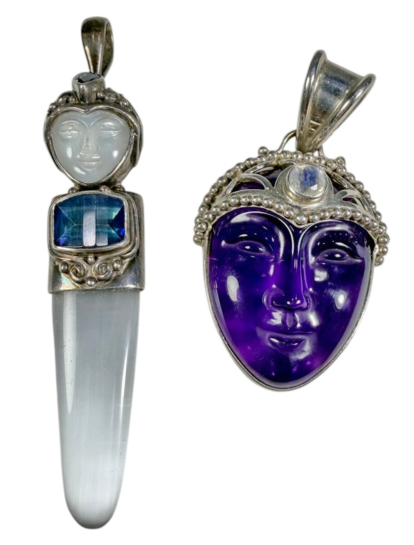 XRF Tested 925 Sterling Silver Pendants 2pc LOT: A group of two decorative sterling silver pendants, both marked 925 and additionally X-ray fluorescence (XRF) tested to verify silver content. The longer pendant measures approximately 3 inches in