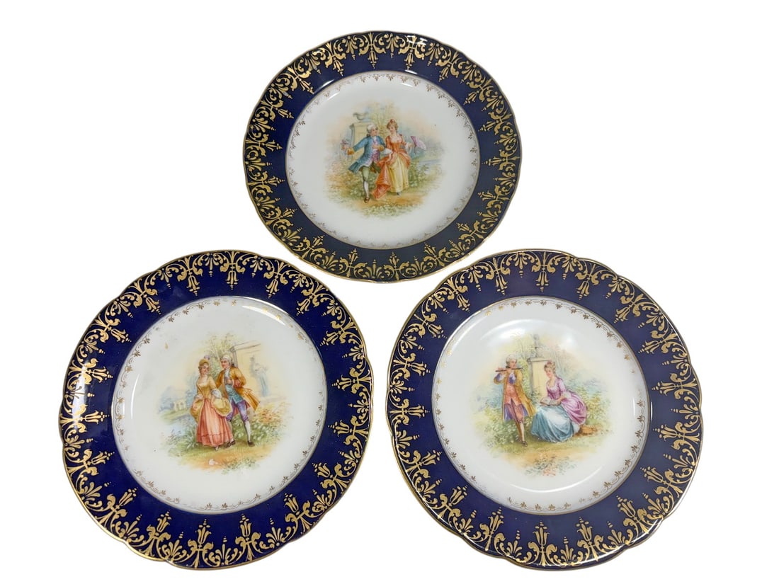 Dresden Cobalt Gold Courting Scene Plates 3pc LOT (1 of 7)