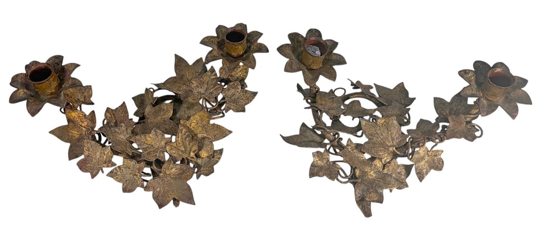 Gilt Iron Ivy Leaf Vine Candleholders 2pc LOT: Pair of decorative gilt iron candleholders designed with scrolling vine branches and layered ivy leaves. Each piece features two floral-form candle cups integrated into the foliage, with hand-forged s
