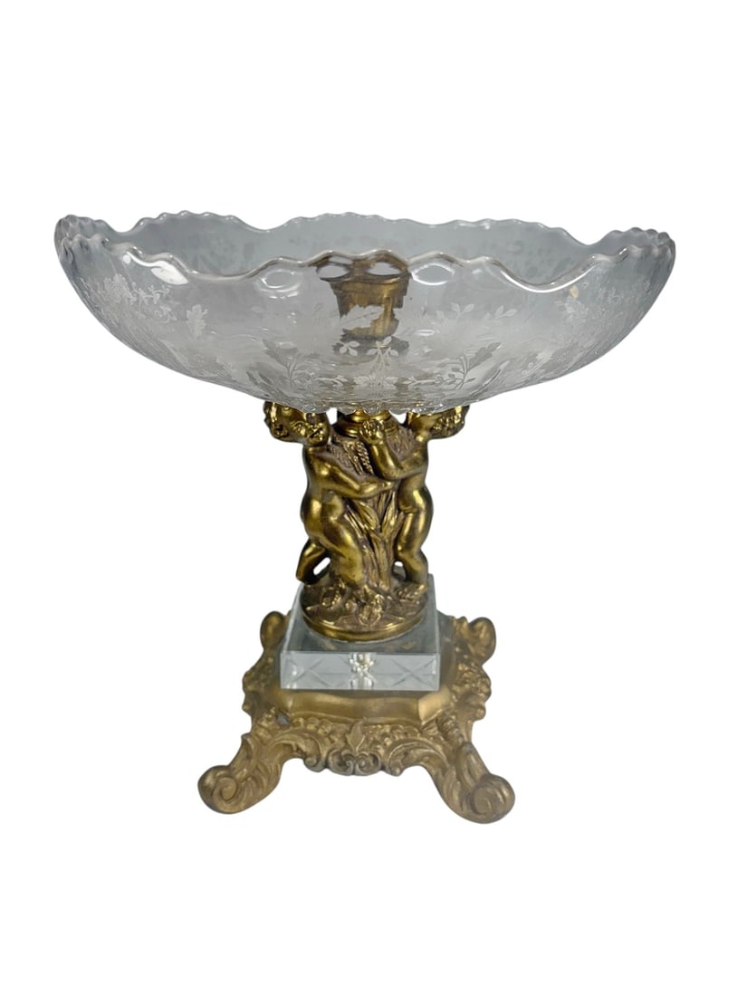 Ornate Gilt Metal Etched Glass Cherub Centerpiece (1 of 6)