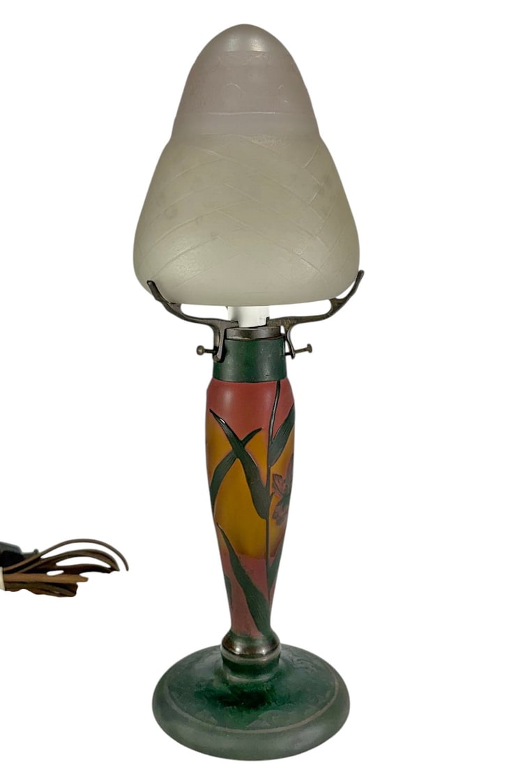 Daum France Nancy Style Art Glass Table Lamp 14.5": Art glass table lamp in the Daum Nancy style. Features a hand-decorated glass base with floral decoration in pink, amber, and green tones and a frosted acid-etched glass shade with geometric decoratio