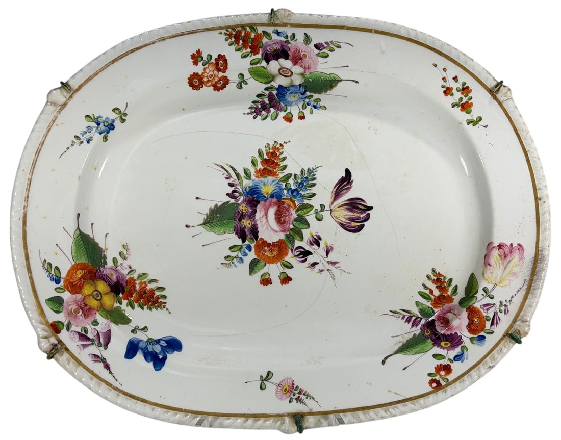 Bloor Derby Hand-Painted Floral Porcelain Platter: Large antique English porcelain platter attributed to Derby, decorated with finely hand-painted polychrome floral bouquets in pink, purple, blue, orange, yellow, and green, accented by a gilt border. 