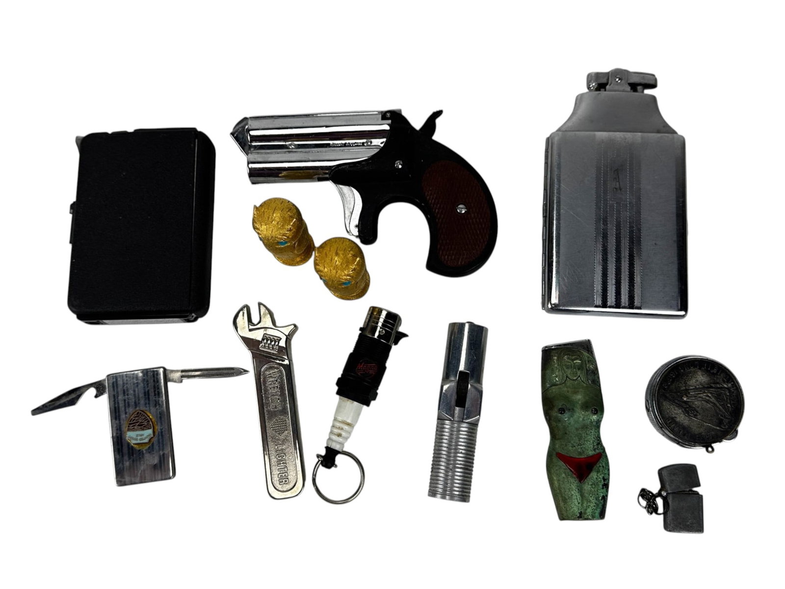 Novelty Lighters and Smoking Accessories 12pc LOT: Assorted group of vintage novelty lighters and smoking accessories in metal, plastic, and mixed materials. Lot includes pistol form lighter stamped Rensie, Ronson cigarette case lighter with geometric