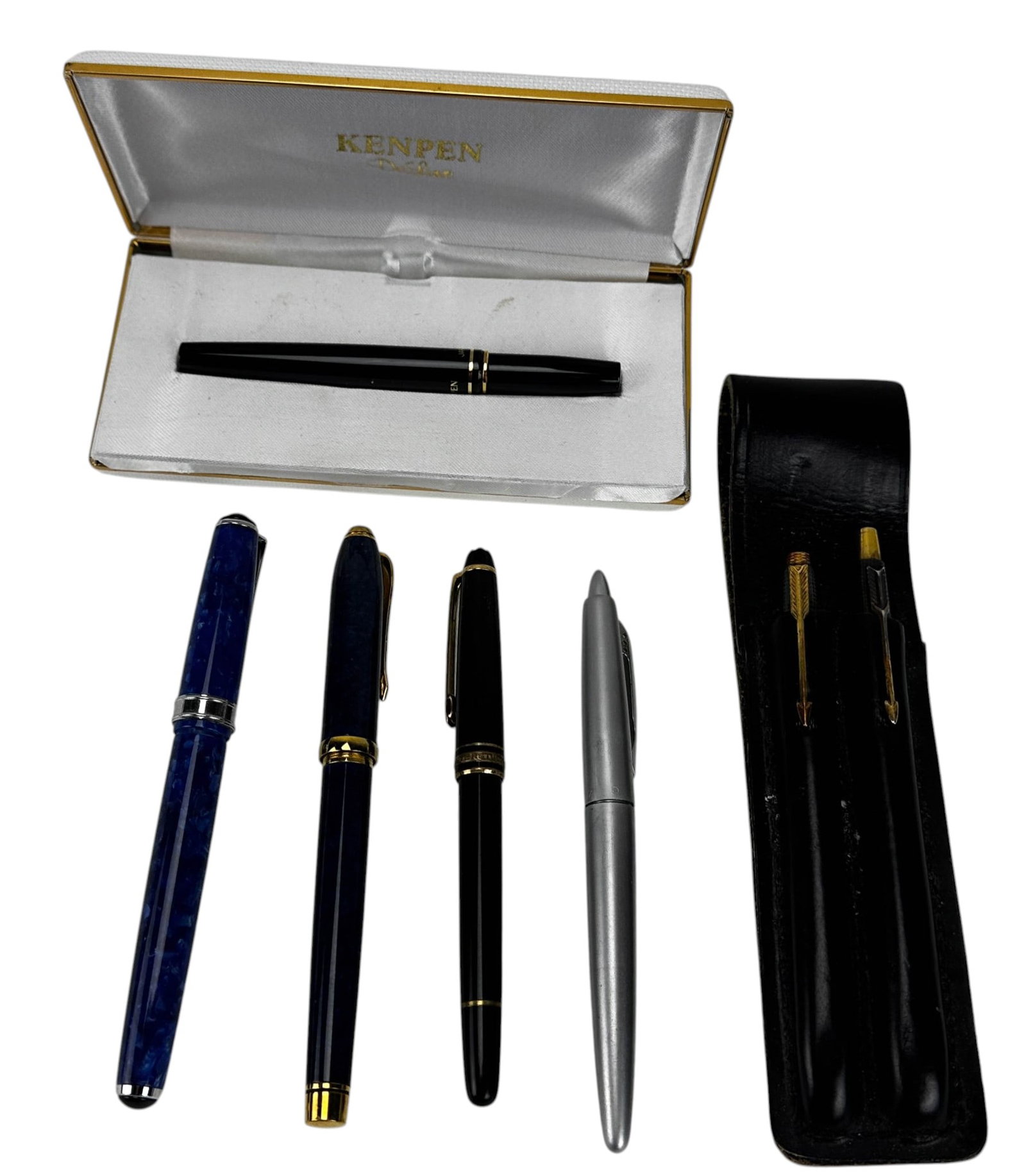 Levenger Montblanc Parker Lexon Ballpoint Pen LOT: Collection of seven writing instruments comprising a Levenger blue marbled pen with gold tone trim and DAL monogram, a dark blue marbled Barrington pen with MP monogram, a Lexon silver tone trim pen, 