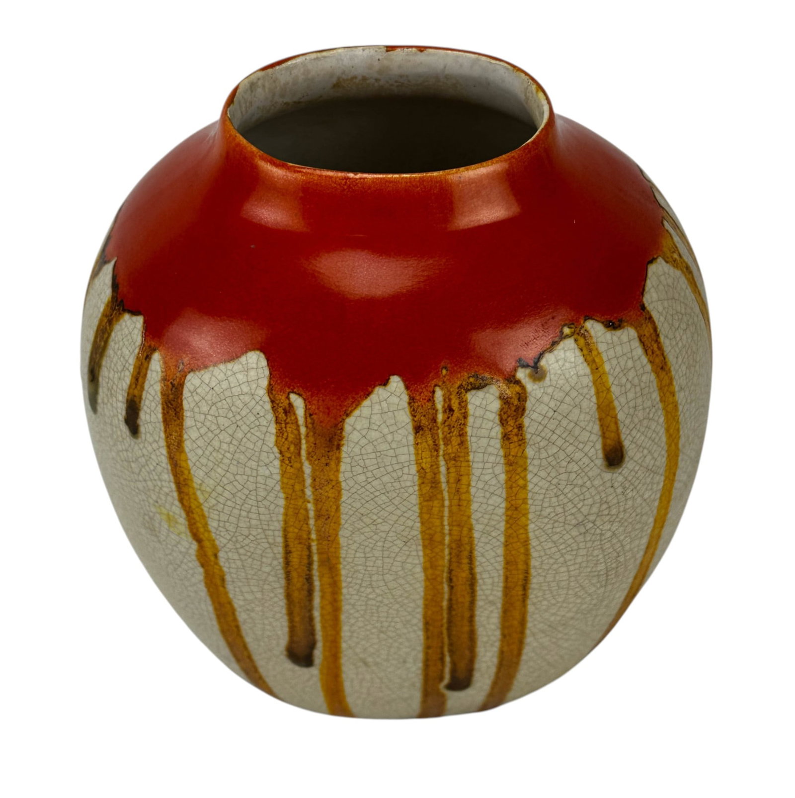 Ceramique de Bruxelles Belgian Art Deco Drip Vase: Belgian ceramic vase of rounded rectangular form with short neck and oval opening. Exterior finished in an off white crackle glaze with a red orange glazed shoulder and vertical amber brown drip decor