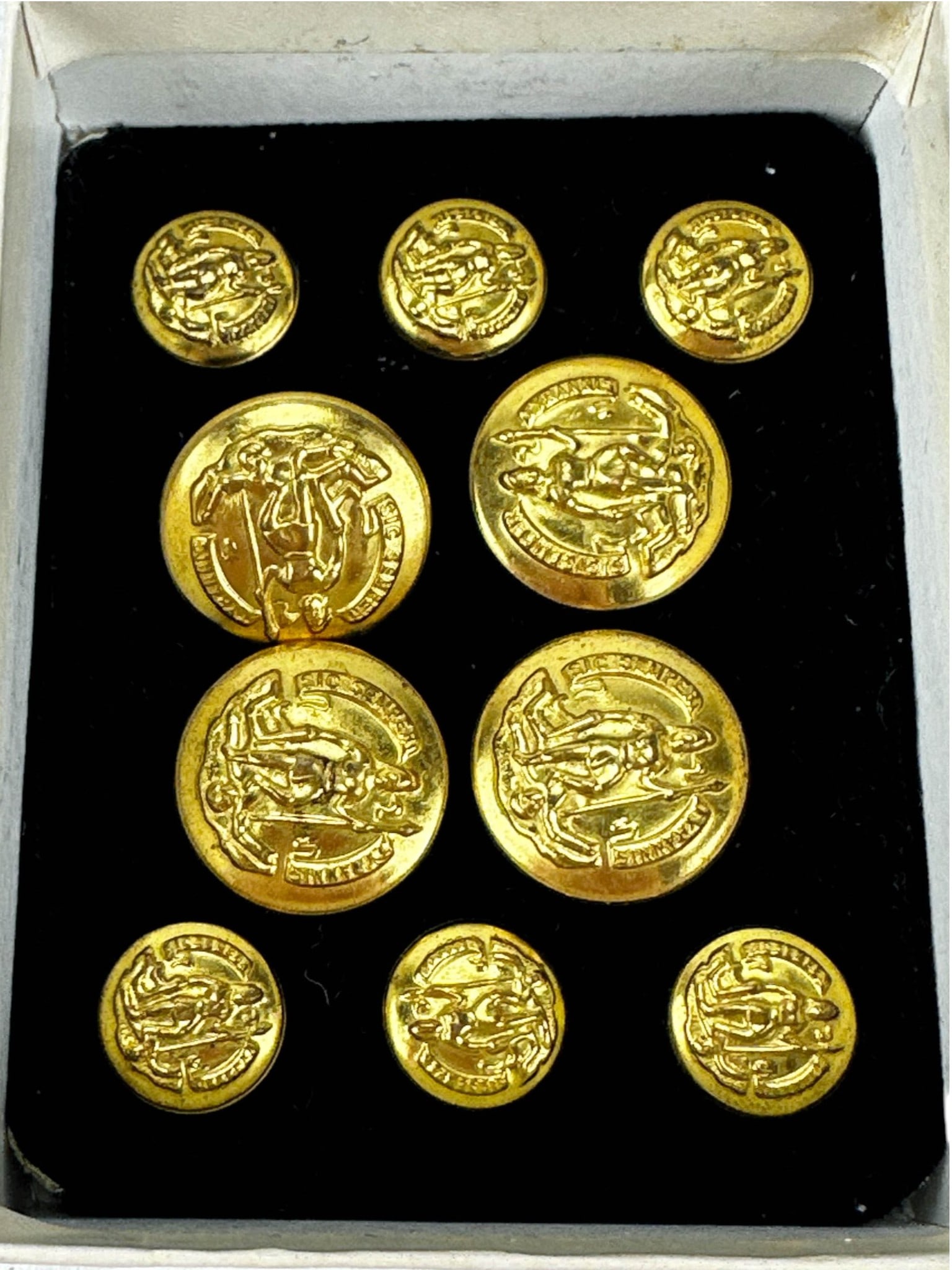 Virginia Coat of Arms Brass Civil War Era Buttons: Group of ten convex brass uniform buttons featuring the Virginia state coat of arms with Virtus standing over Tyranny and the Latin motto Sic Semper Tyrannis. Includes two sizes with loop shanks to