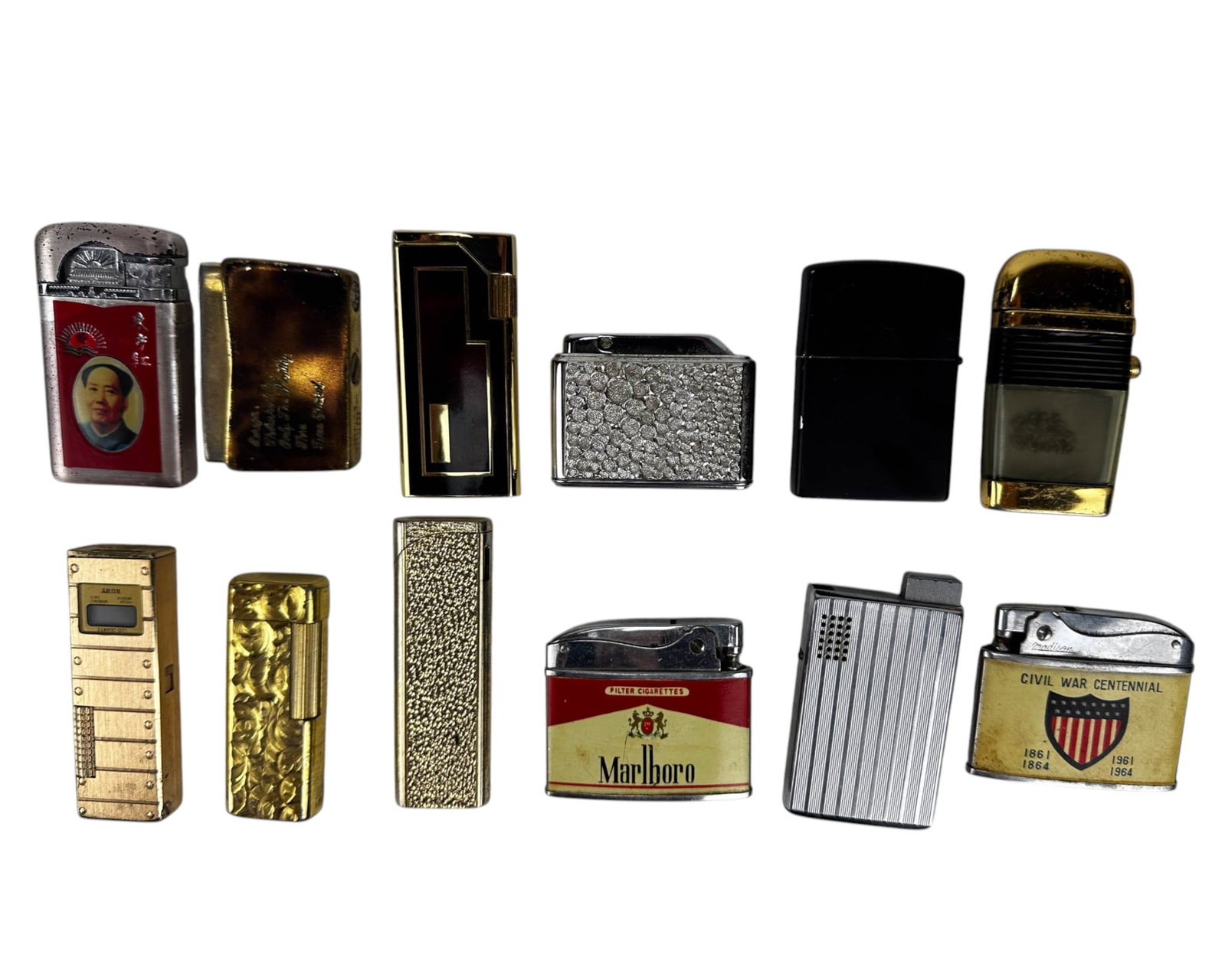 Ronson Colibri Swank Consul Pocket Lighter 12p LOT: Group of assorted vintage pocket and novelty lighters in gold tone, silver tone, black, and mixed metal finishes, total of twelve items. Includes a Marlboro advertising, Civil War Centennial, portrait