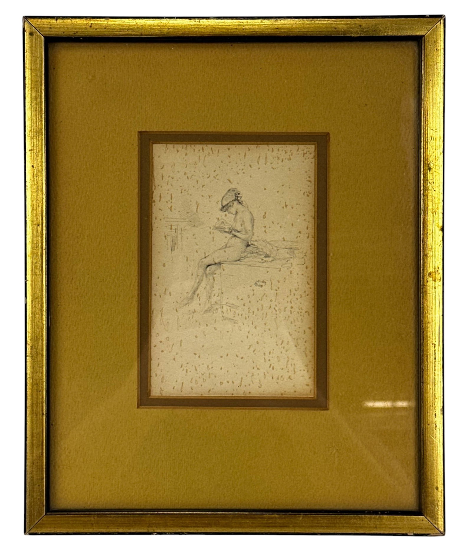 Figural Seated Figure Illustrated Pencil Drawing: Framed pencil drawing on paper depicting a seated figure shown in profile with head lowered and arms extended forward. The composition is executed with light graphite lines and mounted under glass wit