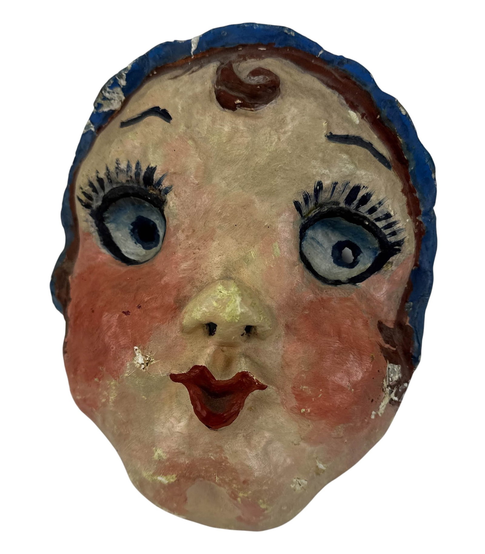 Handmade Painted Papier-Mache Female Face Mask: Folk Art handmade papier-mache sculptural face mask depicting a female visage with oversized blue eyes, painted lashes and brows, modeled nose, red lips, pink cheeks, brown hair, and blue-painted