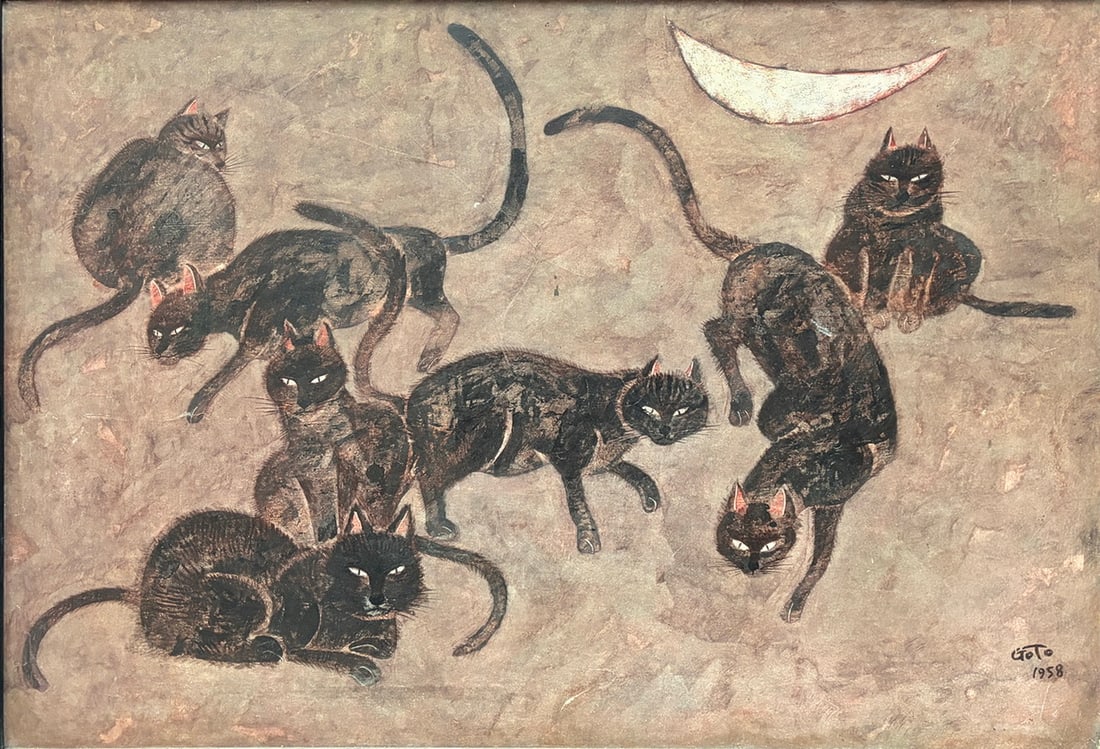 Matavei Goto (Japan, 19252002) Mixed Media, 1958: Mid-century figurative artwork attributed to Japanese artist Matabei Goto (19252002), depicting a whimsical gathering of black cats beneath a crescent moon. Rendered in a muted palette of black,