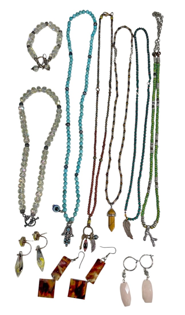 Assorted Costume Jewelry Collection 13pc LOT: Assorted costume jewelry collection consisting of five beaded necklaces, one faceted crystal-style necklace, one matching bracelet, and three pairs of earrings. The group features colorful glass and s