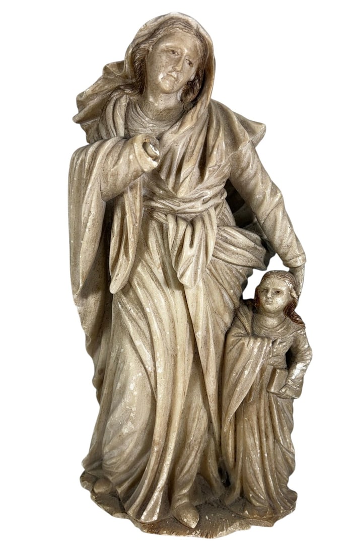 18th-19th C Alabaster Saint Anne & Virgin Mary 12": A large carved alabaster religious devotional figure, probably dating from the 18th to 19th century, depicting Saint Anne with the young Virgin Mary. Saint Anne is shown in flowing robes beside the