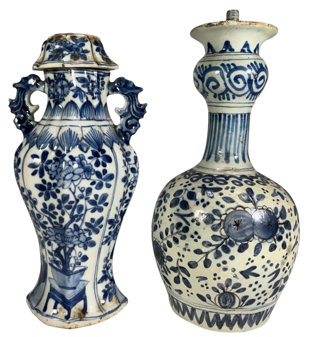 18th-19th C. Delft Blue & White Vessels 2pc LOT: A pair of antique blue-and-white Delft-style ceramic vessels, probably dating to the 18th or 19th century, both with later alterations and old restoration. The taller baluster-form vessel measures app