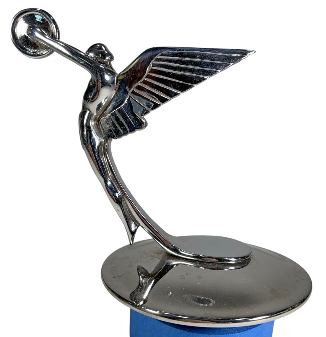1920s Isotta Fraschini Spirit of Triumph Mascot: An Art Deco automobile radiator mascot in the form of a stylized winged female figure, associated with Isotta Fraschini and commonly referred to as the Spirit of Triumph, circa 1920s. The figure is