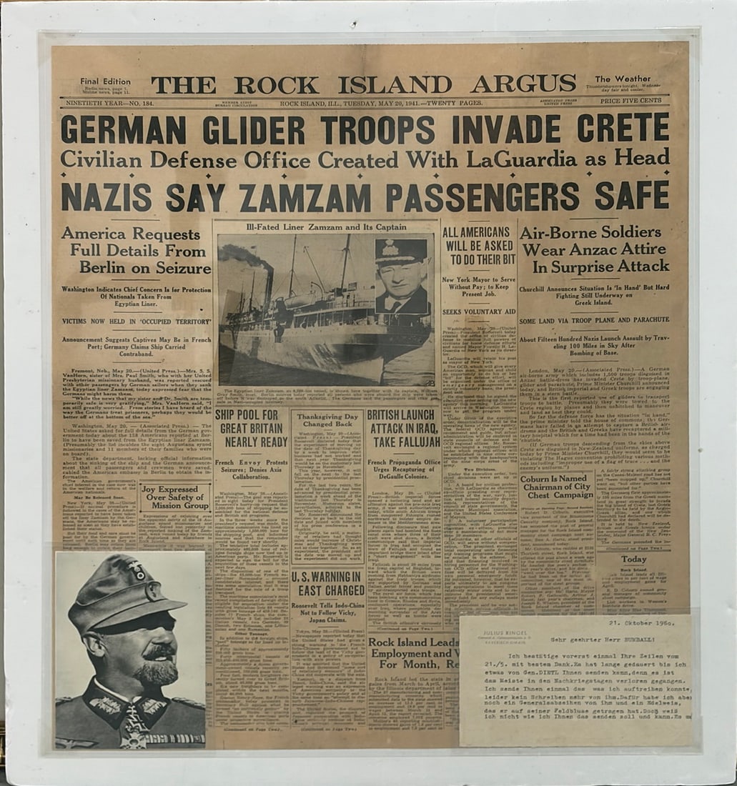 WWII Crete Newspaper Military Ephemera Display: World War II historical display composed as a single mounted piece. The arrangement includes a May 20, 1941 issue of The Rock Island Argus with the headline German Glider Troops Invade Crete, a black-
