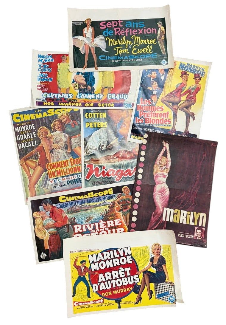 Assorted Marilyn Monroe Belgian Movie Posters 8pcs: A group of eight vintage Marilyn Monroe movie posters, including Belgian and French-language examples for How to Marry a Millionaire, Some Like It Hot, Niagara, Gentlemen Prefer Blondes, River of No R