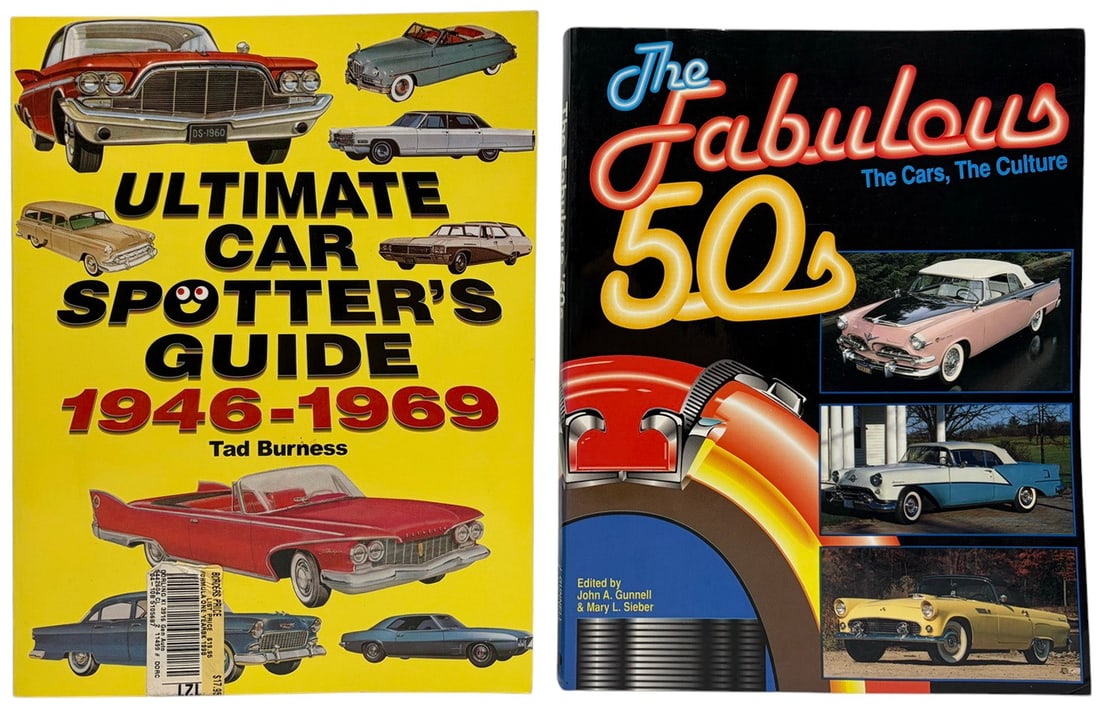 Fabulous 50s & Ultimate Car Guides 2pc LOT: Two-book LOT of illustrated American automobile reference books. Includes The Fabulous 50s: The Cars, The Culture, edited by John A. Gunnell and Mary L. Sieber, and Ultimate Car Spotter's Guide