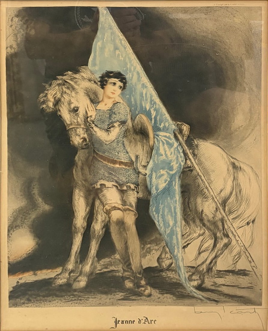 Louis Icart, (French, b1888) Joan of Arc Etching: Louis Icart (French, 1888-1950), Joan of Arc, 1929. Etching and aquatint with touches of hand-coloring on Japan paper, depicting Joan of Arc beside a horse and banner. Signed in pencil lower right and