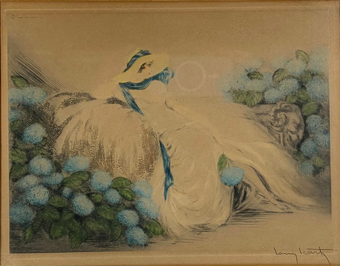 Louis Icart French Blue Hydrangeas Lady Etching: Louis Icart (French, 1888-1950), Blue Hydrangeas Lady, 1920. Color etching and aquatint depicting an elegant seated woman surrounded by blue hydrangeas and foliage. Signed in pencil lower right Louis 