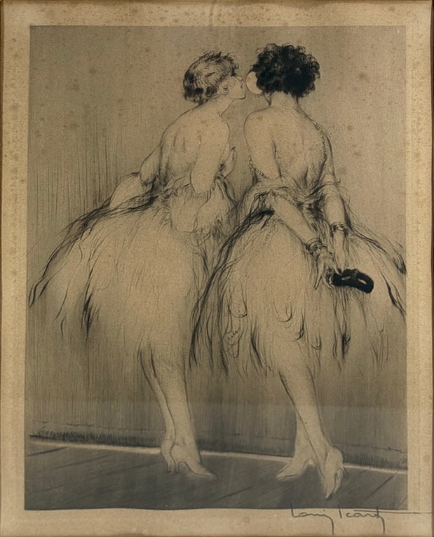 Louis Icart, (French, b1888) Backstage Etching: Louis Icart (French, 1888-1950), Backstage, etching and aquatint depicting two elegantly dressed women seen from behind in an intimate theatrical setting. Signed in pencil lower right Louis Icart.