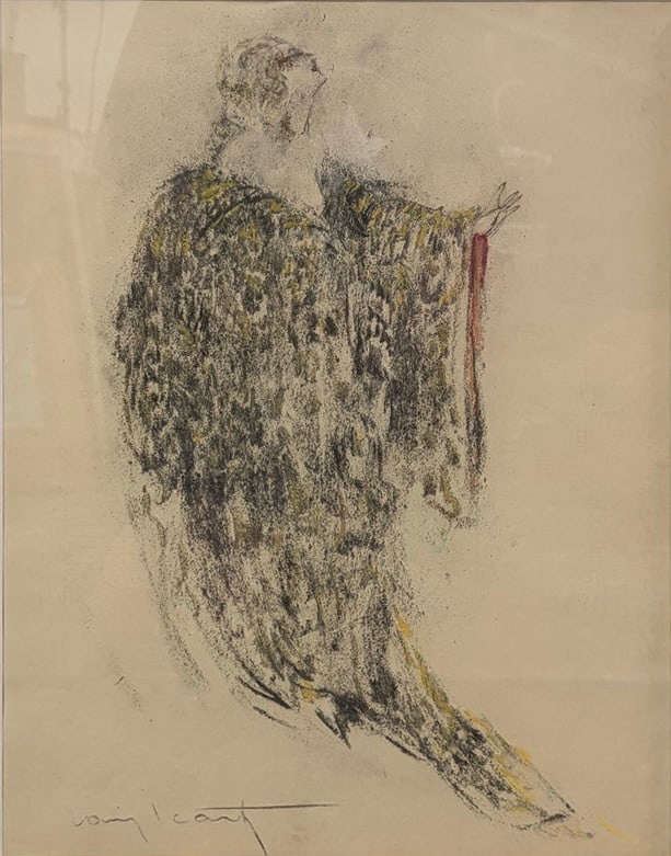 Louis Icart (French, b1888) Dessins de Femmes: Louis Icart (French, 18881950), pencil drawing from Dessins de Femmes, depicting a standing female figure with subtle yellow and red accents. Signed lower left. Presented under glass with a wide mat
