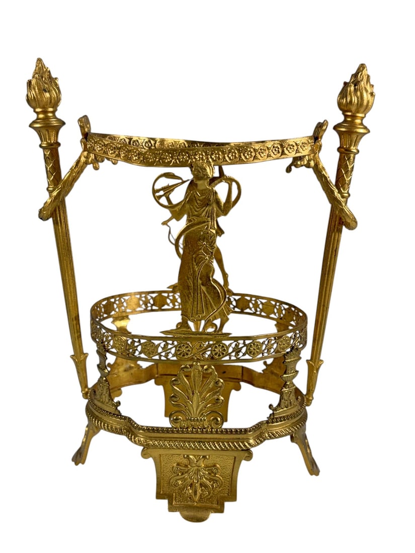 19th C. French Mercury-Gilt Bronze Vase Frame 8": French 19th-century mercury-gilt bronze vase frame of elaborate Neoclassical design, with pierced floral borders, torch-form finials, scrolling and foliate ornament, and classical figural decoration.