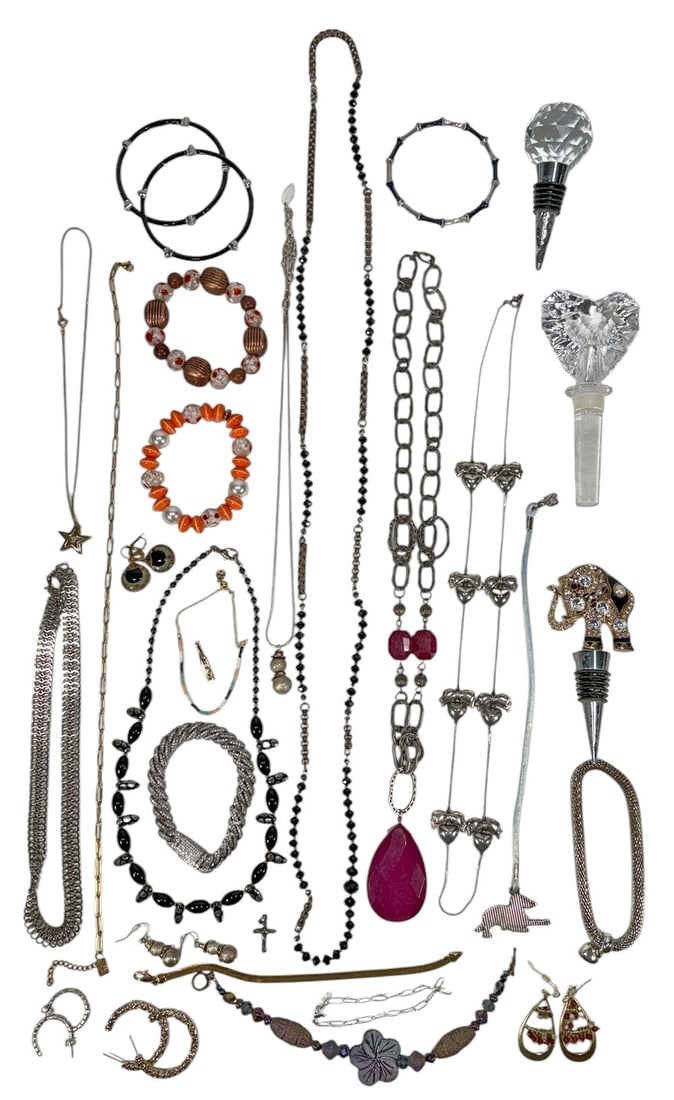 Assorted Costume Jewelry & Accessories 34pc LOT: Thirty-four-piece LOT of assorted costume jewelry and decorative accessories, including necklaces, bracelets, earrings, pendants, chains, brooches, beaded jewelry, and three decorative bottle stoppers