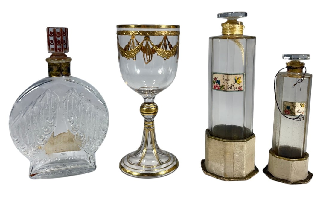 Assorted VTG Perfume Bottles & Gilt Glass 4pc LOT: Four-piece LOT of vintage glass vanity and decorative objects, including two tall faceted perfume bottles labeled Shari, a molded clear glass perfume bottle labeled Toujours Moi and Distributed by Cor