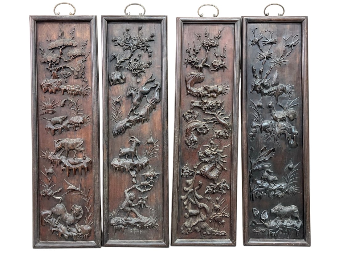 Asian Carved Wood Four Seasons Screens 4pc LOT: Four Asian carved wood decorative hanging panels featuring elaborate high-relief compositions with assorted birds, animals, dragons, floral blossoms, bamboo, pine, leafy branches, and other naturalist