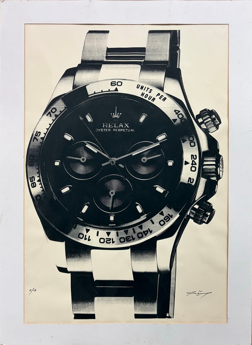Max Wiedemann (1977-) Relax Rolex Print, 36": Limited edition artwork by Max Wiedemann (b. 1977) titled Relax Rolex, depicting an oversized Rolex Daytona-style wristwatch in a highly detailed monochromatic composition. The work is marked 1/1 at t