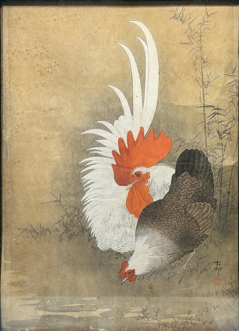 Ohara Koson Rooster & Hen Japanese Woodblock Print: Japanese woodblock print by Ohara Koson (Japanese, 1877-1945), titled Rooster and Hen, circa 1912. The composition depicts a finely detailed rooster and hen beneath bamboo, rendered in muted tones wit