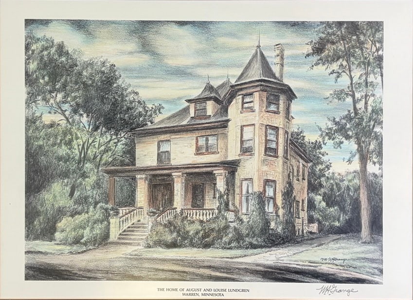 W. H. Grange Lundgren Home, 1988 Print: Framed architectural print depicting the home of August and Louise Lundgren in Warren, Minnesota. Titled beneath the image The Home of August and Louise Lundgren, Warren, Minnesota. Signed W. H. Grang