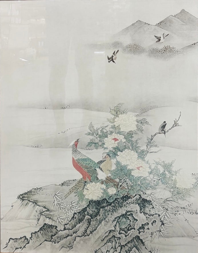 Asian Pheasants and Peonies Landscape Print: Asian-style print on paper depicting a pair of pheasants among flowering peonies and rockwork, with additional birds and distant mountains in a misty landscape. Presented under glass in a gilt-tone fr