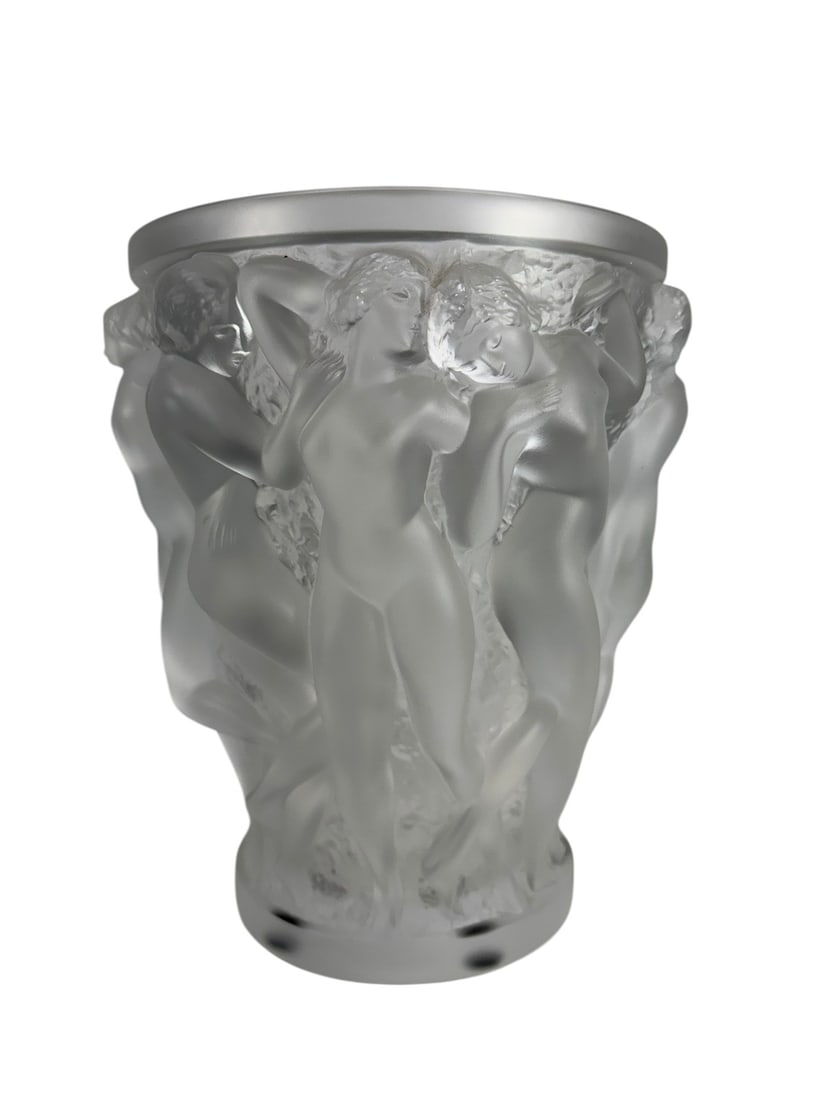 R. Lalique France Bacchantes Frosted Crystal Vase: R. Lalique Bacchantes frosted crystal vase featuring a continuous relief decoration of nude female figures against a clear ground. Marked Lalique France along the edge of the base and signed R. Laliqu