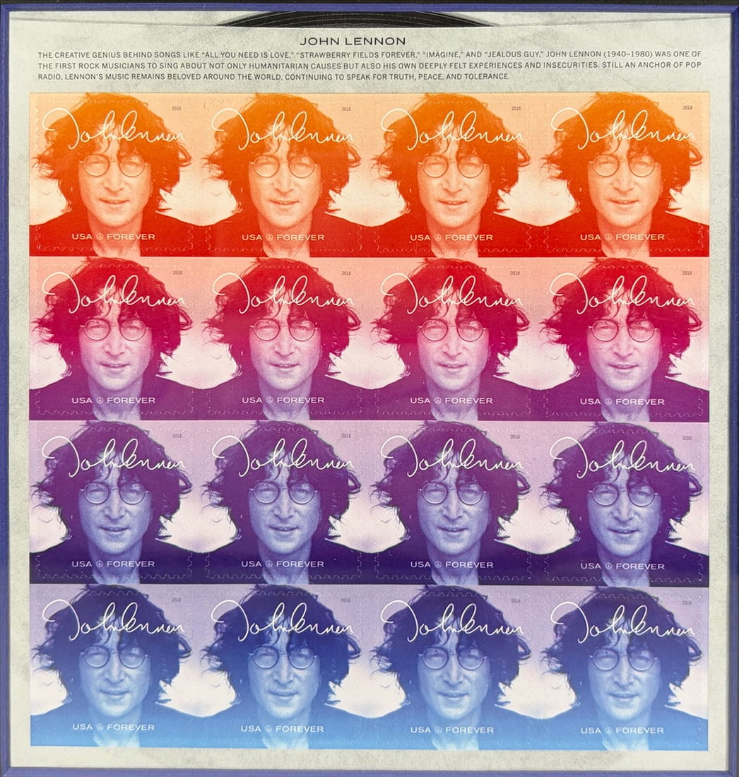 John Lennon USPS Forever Stamp Sheet Framed: Framed USPS Music Icons John Lennon Forever stamp sheet containing 16 stamps, each featuring a portrait of John Lennon with printed facsimile signature. The sheet displays a multicolor pop-art style a