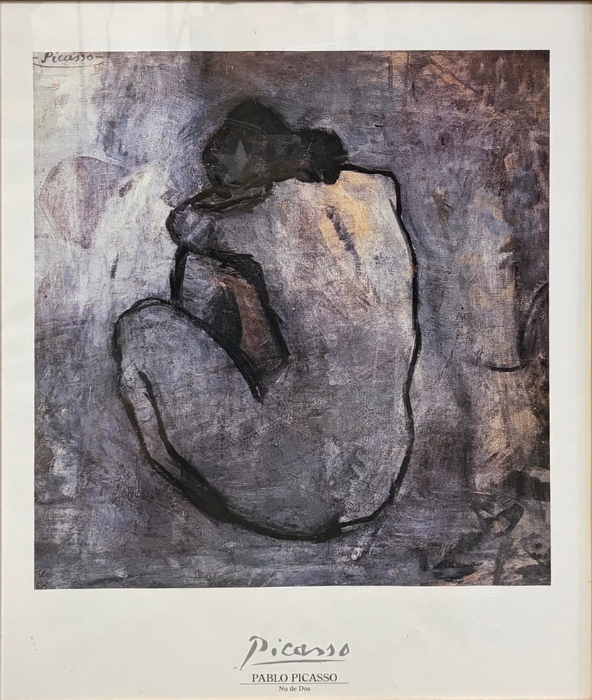 Vintage Pablo Picasso Nude Seated Woman Framed Art: Framed art print after Pablo Picasso, depicting a seated nude figure viewed from the back in muted gray, lavender, and earth tones. The image bears a printed Picasso signature at upper left, with addi