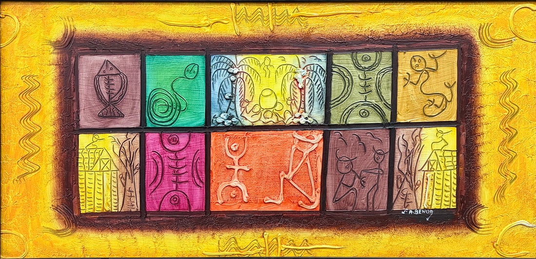 Signed A. Benoa Modern Caribbean Taino Art Panel: Modern Caribbean Taino-style mixed media relief panel featuring stylized figures, symbols, and petroglyph-inspired motifs in vibrant yellow, orange, green, blue, pink, and brown tones. Signed A. Benoa