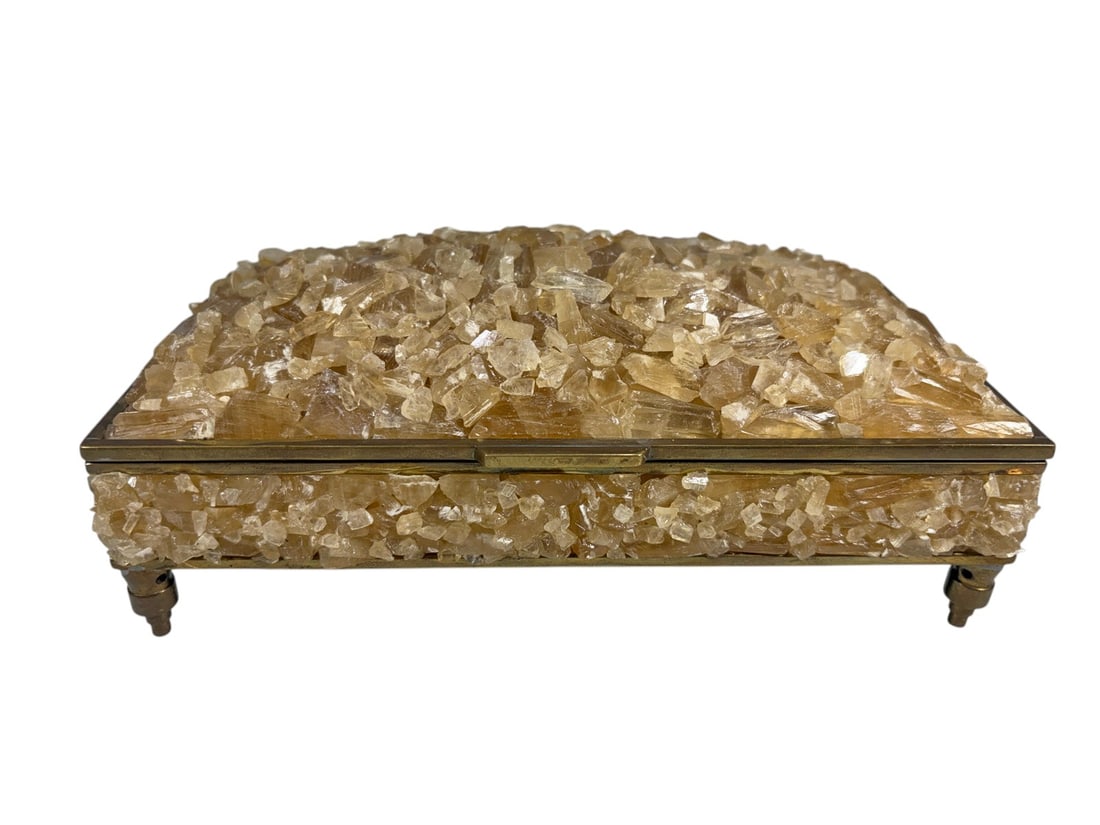 Decorative Natural Crystal Mounted Hinged Box: Rectangular decorative hinged box embellished throughout the exterior with natural pale honey and cream-colored crystal formations. Features gilt-tone metal trim, four small feet, a hinged lid, and a 