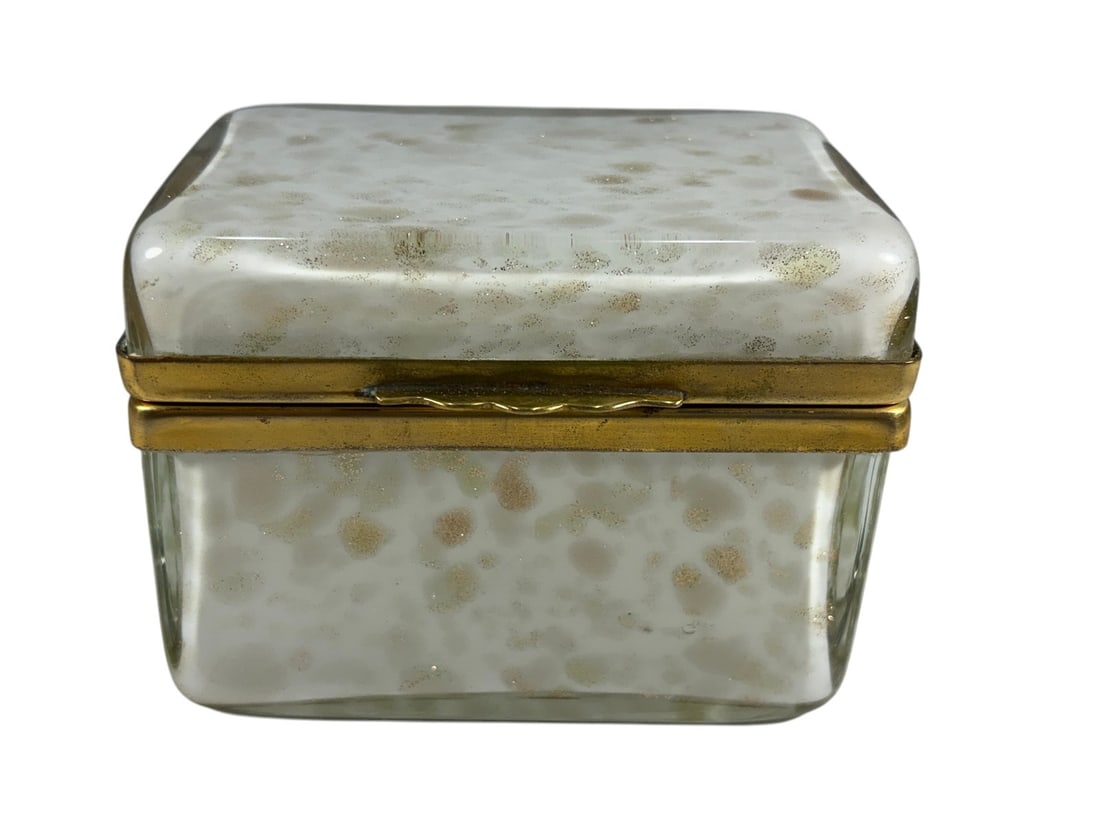 Barovier & Toso Italian Murano Glass Hinged Box: Italian Murano glass hinged box by Barovier & Toso, circa 1960s. Of rectangular form, crafted in white opalescent glass with gold-toned inclusions throughout, fitted with gilt metal mounts, hinge, and
