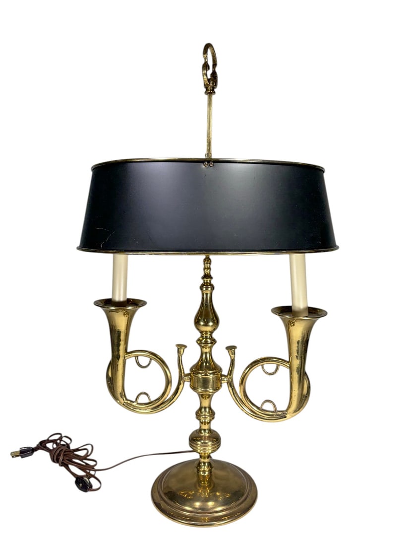 Brass Two-Light Bouillotte Table Lamp w Tole Shade (1 of 5)