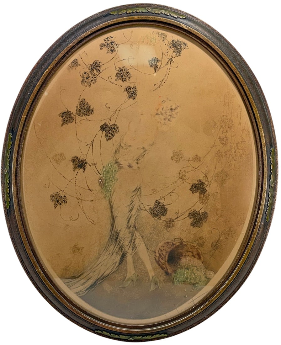 Louis Icart (French, 1888-1950) Oval Etching 22.5": Louis Icart (French, 1888-1950), oval etching and aquatint depicting an elegant seated woman beneath trailing grapevines, accompanied by baskets of grapes. Enhanced with color and signed in pencil Lou