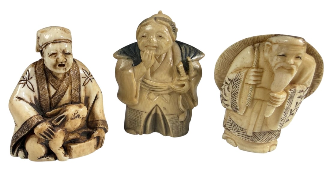 Group of Japanese Carved Figural Okimono 3pc LOT (1 of 10)