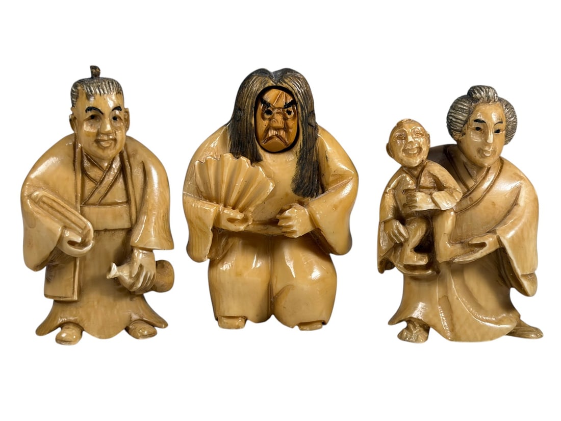 Group of Japanese Carved Figural Netsuke 3pc LOT (1 of 7)