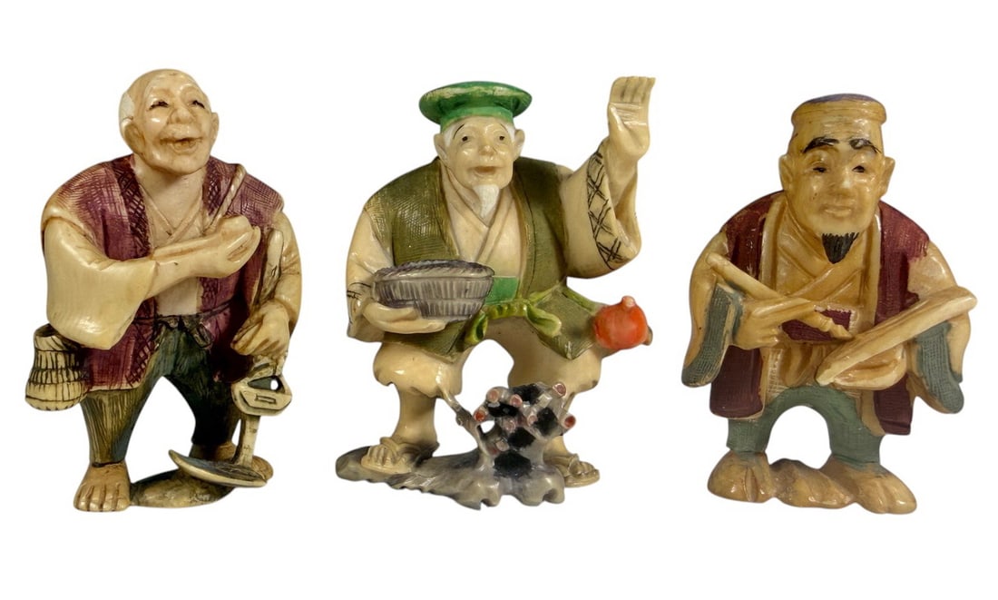 Group of Japanese Carved Figural Netsuke 3pc LOT (1 of 6)