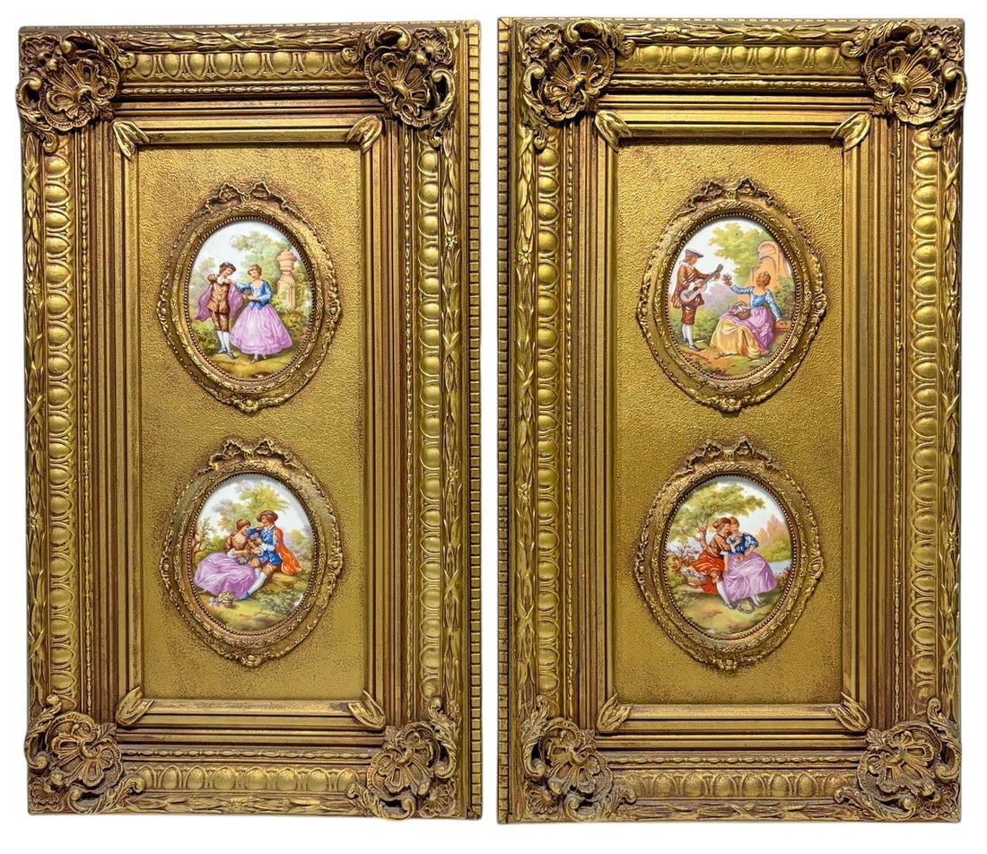 Pair of French Rococo Figural Porcelain Plaques: Two decorative French Rococo style gilt framed panels, each featuring two oval porcelain plaques with romantic figural scenes. The plaques are mounted within ornate gilt-tone frames with floral and fo
