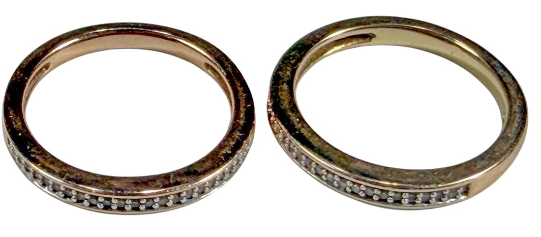 Silver & Gold Eternity-Style Stone Rings 2pc LOT: Two-piece lot of silver eternity-style rings, each set around the circumference with a continuous row of small clear stones. The rings were tested by X-ray fluorescence (XRF), with analysis indicating