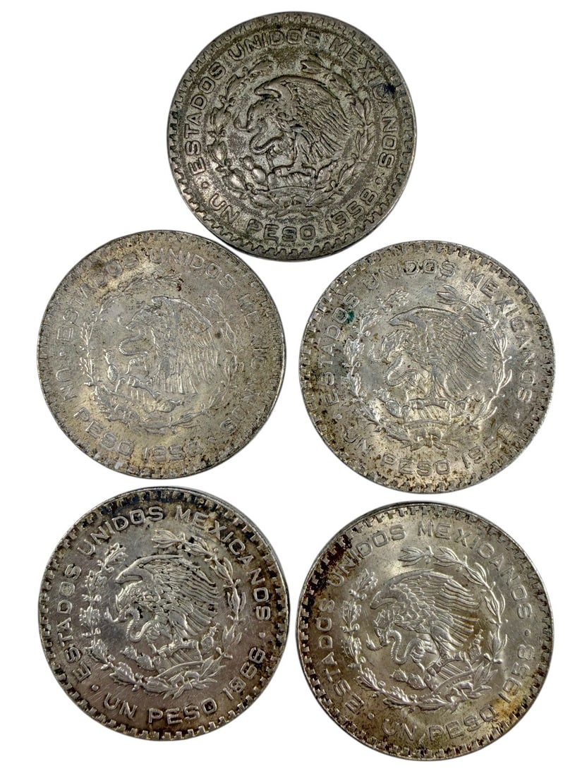 Mexican 1 Peso Silver Circulation Coins 5pc LOT: Five-piece lot of Mexican standard circulation one peso coins issued by Mexico during the United Mexican States / Mexican Republic period. The type was issued from 1957 to 1967. Each coin has a face v