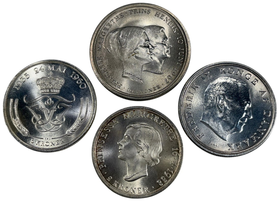 Group of Danish Silver Commemorative Coins 4pc LOT: Four-piece lot of Danish commemorative silver coins, including a 10 Kroner coin commemorating Princess Margrethe and Prince Henrik, dated June 10, 1967; a 5 Kroner coin honoring Princess Anne-Marie,